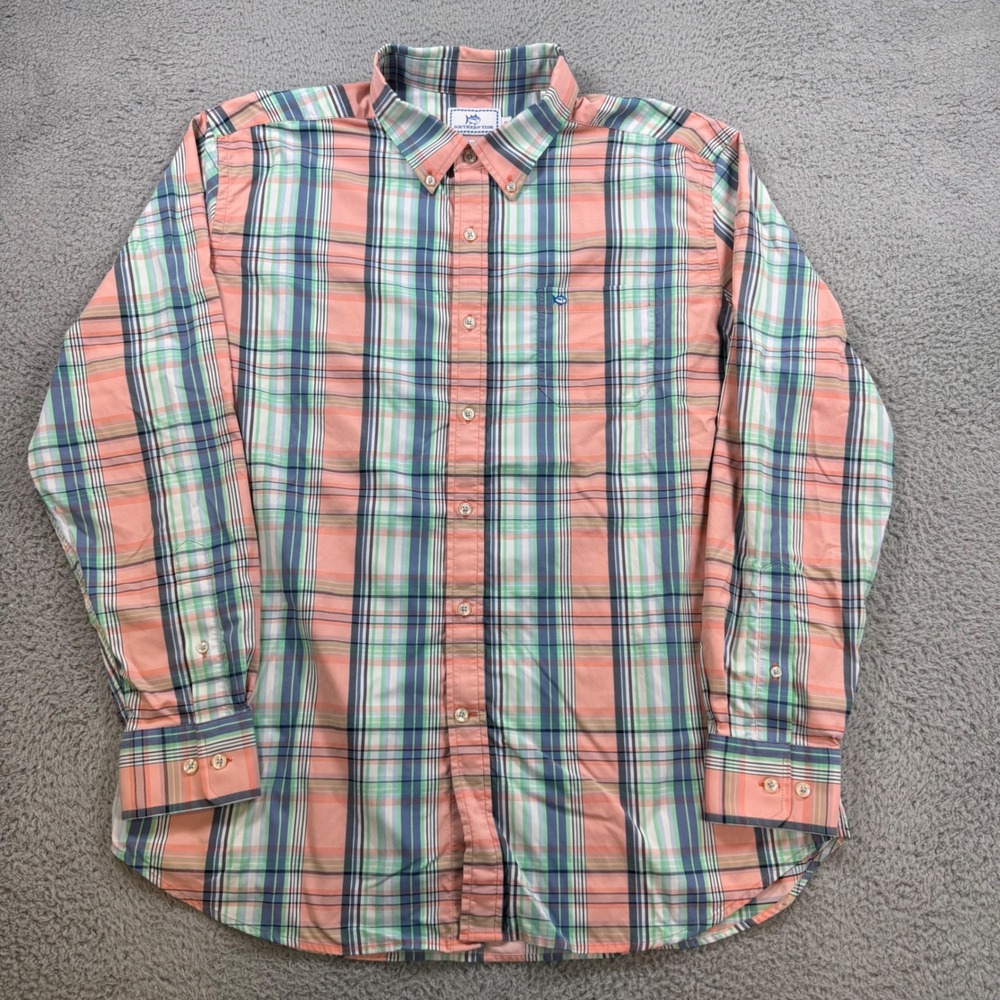 Southern Tide Performance Mens XL Plaid Button Down Shirt Peach Blue Green